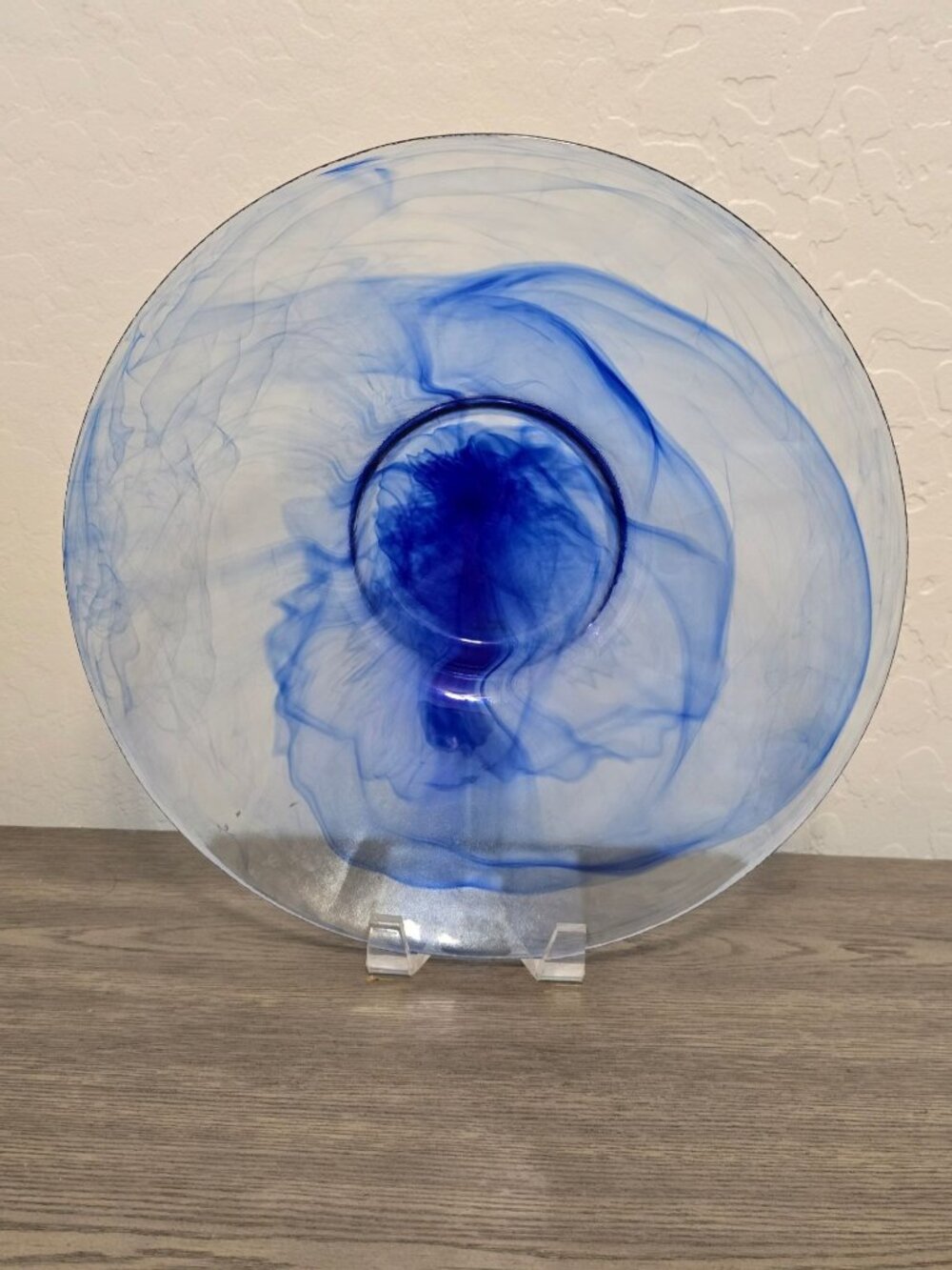 Blue & Clear Swirled Art Glass Bowl Handcrafted 13" Wide 4" Tall Elegant